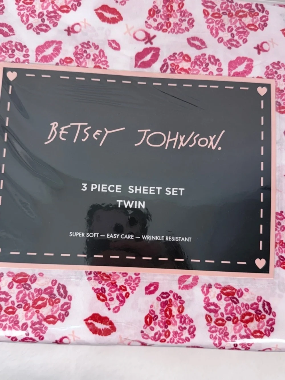 Betsey Johnson Twin Sheet Set Pink Lips Heart XO Print 3 Piece Bedding